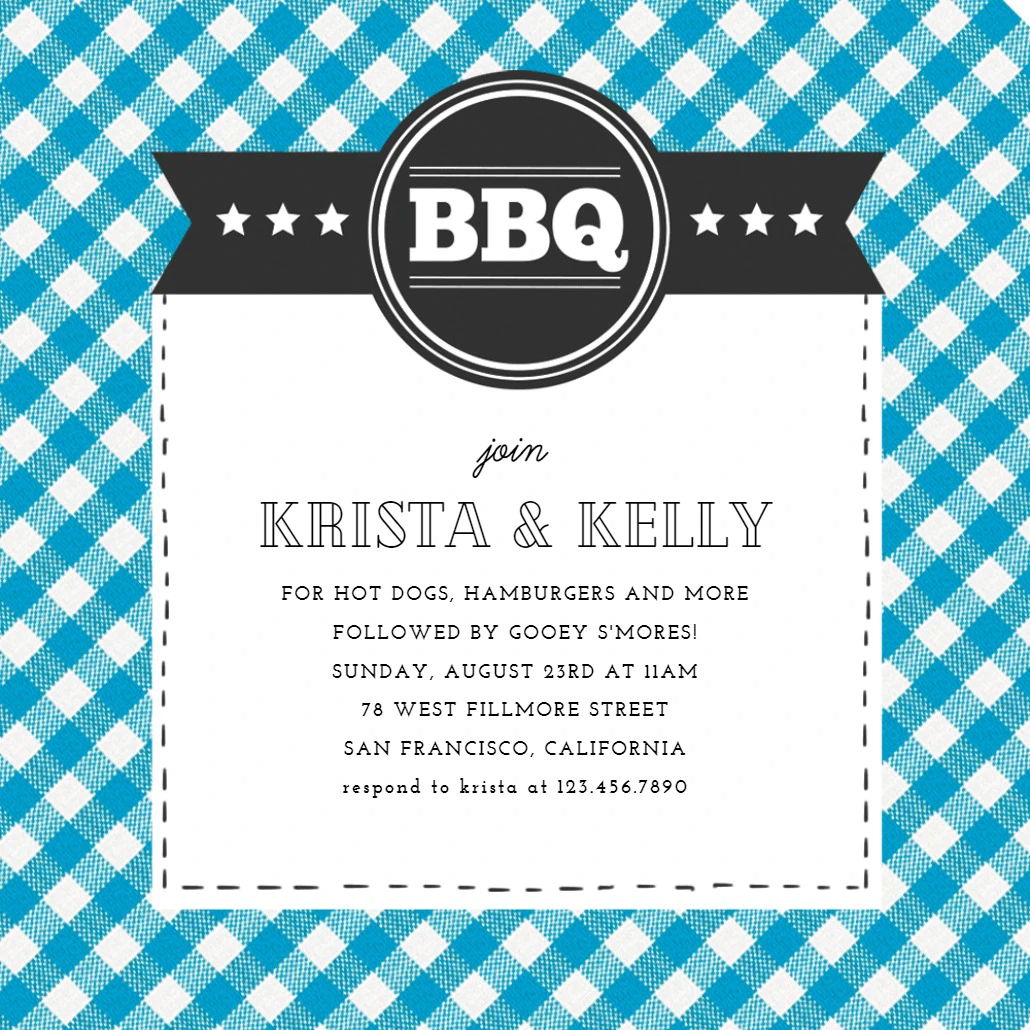 Blue Gingham - BBQ Party Invitation Template (Free) | Greetings Island